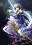  bad_id bad_pixiv_id blue_hair dress elbow_gloves floating floating_hair floating_object gloves highres long_hair looking_at_viewer solo space star_(sky) stellated_octahedron thighhighs very_long_hair vocaloid xiaosan_ye xingchen yellow_eyes 