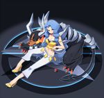  blue_eyes blue_hair breasts camisole claws cleavage collarbone crop_top elite_four fangs fire flame gen_2_pokemon groin high_heels highres horns houndoom karin_(pokemon) large_breasts long_hair mega_houndoom mega_pokemon midriff navel no_socks poke_ball pokemon pokemon_(creature) pokemon_(game) pokemon_hgss sharp_teeth sitting smile spikes tail teeth tm_(hanamakisan) veins 