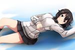  grey_eyes hayasui_(kantai_collection) jacket kantai_collection looking_at_viewer lying on_back short_hair skirt smile solo somechime_(sometime1209) track_jacket 