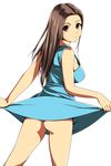  ass blush brown_eyes brown_hair cowboy_shot dress dress_lift eyebrows_visible_through_hair highres long_hair looking_back matsunaga_kouyou original panties solo standing underwear 