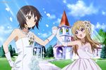  2girls absurdres asymmetrical_clothes bangs bare_shoulders bell bell_tower black_hair blonde_hair blue_eyes blush bridal_veil bride brown_eyes brown_hair building church cloud corsage couple day dress elbow_gloves eye_contact flower funami_yui gazebo gloves hair_flower hair_ornament hand_on_own_chest happy highres holding_hands interlocked_fingers jewelry lily_(flower) long_hair looking_at_another married megami miyanishi_tamako multiple_girls necklace official_art open_mouth outdoors petals pink_dress pink_wedding_dress rose short_hair sidewalk sky sleeveless sleeveless_dress smile steeple strapless strapless_dress sunlight toshinou_kyouko tree veil wedding_dress white_dress white_flower white_gloves white_rose wife_and_wife yuri yuru_yuri 