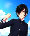  black_hair cloud day fairy_tail hair_over_one_eye kishinaito male_focus open_mouth red_eyes rogue_cheney school_uniform sky solo 
