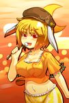  animal_ears belly blonde_hair blouse blush breasts bunny_ears cleavage colored_eyelashes crescent_moon dango eating flat_cap floppy_ears food hat highres large_breasts looking_at_viewer midriff moon navel orange_shirt ringo_(touhou) shiny_shinx shirt short_hair skewer solo teeth touhou wagashi 