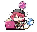  =_= bare_shoulders brand_name_imitation chain chibi clothes_writing collar computer earth_(ornament) flustered hat hecatia_lapislazuli hemogurobin_a1c laptop long_hair moon_(ornament) open_mouth parody polos_crown pun red_hair shirt solo t-shirt tears touhou wavy_mouth 