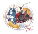  anmitsu_(dessert) artist_name bowl bunny cherry earrings food fruit jewelry kashuu_kiyomitsu maruneko no_humans orange orange_slice pun scarf signature touken_ranbu whipped_cream yamato-no-kami_yasusada 