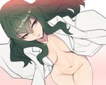  3: bags_under_eyes ban breasts collarbone fuwa_hyouka gradient gradient_background green_hair groin labcoat large_breasts long_hair naked_labcoat navel parted_lips purple_eyes sanpaku shimoneta_to_iu_gainen_ga_sonzai_shinai_taikutsu_na_sekai simple_background solo 