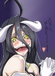  ahoge albedo bare_shoulders black_hair blush face gloves hands_together heart highres horns long_hair murabito_sono2 open_mouth overlord_(maruyama) solo spoken_heart translation_request yellow_eyes 