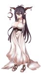  antenna_hair arm_behind_back bandages black_hair breasts chocola_flex cleavage danua dirty_clothes draph dress finger_to_mouth fingerless_gloves full_body gloves granblue_fantasy hair_between_eyes horn_ornament horns jewelry large_breasts long_hair looking_at_viewer necklace pointy_ears red_eyes sandals solo white_dress 