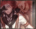  armor black_border border closed_eyes flag gensou_suikoden gensou_suikoden_ii gloves hand_on_own_face kaburaya male_focus red_hair seed_(suikoden) solo torn upper_body 