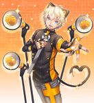  :3 animal_ears blonde_hair blue_eyes cowboy_shot detached_sleeves eighth_note fake_animal_ears fake_tail fingerless_gloves genderswap genderswap_(ftm) gloves hand_on_own_chest heart heart_tail jewelry male_focus megaphone musical_note orange_background outstretched_arm ring seeu solo sparkle sw_(shinwe35) tail thumb_ring vocaloid zeeu 