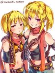  artist_name black_gloves blonde_hair breasts character_request cleavage clenched_teeth fingerless_gloves gloves mataichi_mataro medium_breasts midriff multiple_girls navel ole_tower orange_eyes phillips_screwdriver_(ole_tower) pink_eyes scarf short_hair side_ponytail simple_background small_breasts smile teeth twitter_username white_background 