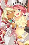  2girls arc_system_works belt beltbra blonde_hair breasts cheek-to-cheek cleavage colored_eyelashes cosplay costume_switch dark_skin elphelt_valentine guilty_gear guilty_gear_xrd lyn_(shunao) multiple_girls navel pink_hair ramlethal_valentine short_shorts shorts shunao smile stomach v white_eyelashes 