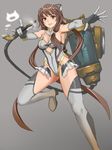  bad_id bad_pixiv_id bare_shoulders breasts brown_eyes brown_hair cleavage elbow_gloves gloves grey_legwear holding long_hair medium_breasts original pipe shijima_(tanfn) simple_background smoke solo standing standing_on_one_leg thighhighs 
