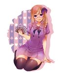  arm_behind_back axis_powers_hetalia bow braid card club_(shape) collarbone dress eikura_(hanakura) glasses hair_bow hair_over_shoulder heart holding holding_card light_brown_hair long_hair looking_at_viewer monaco_(hetalia) playing_card purple_bow purple_dress purple_eyes red-framed_eyewear sailor_dress short_dress silhouette simple_background single_braid sitting smile solo spade_(shape) thighhighs tongue tongue_out wariza white_background zettai_ryouiki 