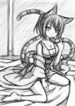  animal_ears blush breasts cat_ears cat_tail greyscale highres large_breasts looking_at_viewer minaha_(playjoe2005) monochrome multiple_tails nekomata nekomata_(shikihime_zoushi) shikihime_zoushi smile solo tail 