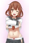  ;d bad_id bad_pixiv_id blush brown_eyes brown_hair fang hair_ornament hairclip ikazuchi_(kantai_collection) kantai_collection looking_at_viewer navel one_eye_closed open_clothes open_mouth open_skirt panties school_uniform serafuku shirt_lift skirt smile solo stomach terakoya underwear undressing unzipped white_panties 