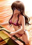  bikini blue_eyes breasts brown_hair cleavage collarbone ilolamai large_breasts looking_at_viewer navel original pink_bikini pool pool_ladder side-tie_bikini sideboob smile solo swimsuit wading water water_drop wet 