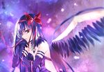  akemi_homura akuma_homura bangs bare_shoulders bow choker dress elbow_gloves feathered_wings gloves hair_bow hairband holding long_hair looking_at_viewer mahou_shoujo_madoka_magica mahou_shoujo_madoka_magica_movie purple_dress purple_eyes purple_gloves purple_hair red_bow red_eyes red_hairband red_ribbon ribbon shakemi_sara sleeveless solo spoilers upper_body wings 