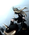  artist_request back bent_knees black_dress black_rock_shooter blonde_hair chariot_(black_rock_shooter) crown dress dutch_angle gyup91 highres holding holding_weapon long_hair long_sleeves md5_mismatch solo sword weapon wheel wind 