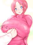  bad_id bad_pixiv_id blue_eyes breasts huge_breasts looking_at_viewer parted_lips red_hair ribbed_sweater sakuru sketch smile solo_focus sweater translation_request 