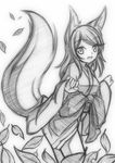  animal_ears fox_ears fox_tail greyscale highres kaya_no_hime leaf looking_at_viewer minaha_(playjoe2005) monochrome shikihime_zoushi simple_background sketch smile solo tail white_background 