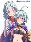  ^_^ ahoge aqua_hair artist_name blush cape closed_eyes flathead_screwdriver_(ole_tower) gloves grey_hair looking_at_viewer mataichi_mataro multiple_girls navel ole_tower purple_eyes purple_gloves router_plane_(ole_tower) simple_background smile twitter_username white_background 