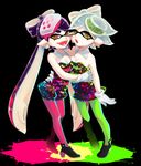  2girls aori_(splatoon) black_background black_hair breast_press breasts brown_eyes commentary detached_collar domino_mask dress earrings fangs food food_on_head gloves hotaru_(splatoon) hug jewelry leaning_on_person long_hair looking_at_viewer mask mole mole_under_eye multiple_girls neon_trim object_on_head open_mouth paint_splatter pantyhose pointy_ears shoes short_dress short_hair short_jumpsuit smile splatoon_(series) splatoon_1 strapless strapless_dress symmetrical_docking tentacle_hair white_gloves yoroko 