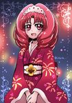  :d akagi_towa blue_background cokata go!_princess_precure japanese_clothes kimono open_mouth precure red_eyes red_hair red_kimono short_hair smile solo twitter_username v_arms yukata 