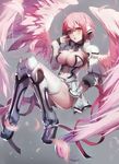  angel_wings bangs between_breasts blush boots breasts brown_eyes chain cleavage collar d: detached_sleeves feathered_wings feathers full_body grey_background highres ikaros knee_boots large_breasts long_hair long_sleeves navel navel_cutout open_mouth panties parted_lips pink_hair pink_lips pink_wings ribbon solo sora_no_otoshimono thighhighs twintails underwear very_long_hair white_panties wings yuiko_(yuiko33miao) 