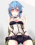  angry_num bad_id bad_pixiv_id blue_eyes blue_hair blush breasts embarrassed grey_background hair_ornament hairclip highres looking_at_viewer medium_breasts nipples scarf short_hair shorts sinon solo sword_art_online 