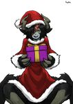  :d animal_ears arachne black_hair box christmas claws eyepatch fur fur_trim gift gift_box grey_skin hat horns incoming_gift insect_girl looking_at_viewer lutherniel monster_girl monster_girl_encyclopedia one_eye_covered open_mouth paws pom_pom_(clothes) santa_costume santa_hat signature simple_background slit_pupils smile solo spider_girl ushi-oni_(monster_girl_encyclopedia) white_background yellow_eyes 