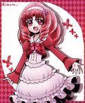  akagi_towa argyle argyle_background bow butterfly_hair_ornament cokata cowboy_shot curly_hair dress frills go!_princess_precure hair_ornament hairband long_hair precure red_background red_bow red_eyes red_hair smile solo twitter_username white_dress 