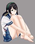  bad_id bad_pixiv_id bare_legs barefoot black_hair chin_rest full_body glasses green_eyes grey_background hair_between_eyes hip_vent kantai_collection knees_up leg_hug ojipon ooyodo_(kantai_collection) panties pensive simple_background sitting solo underwear white_panties 