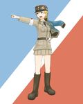  asparagus_(girls_und_panzer) bad_id bad_pixiv_id bc_freedom_(emblem) bc_freedom_military_uniform blonde_hair blue_eyes boots emblem girls_und_panzer girls_und_panzer_ribbon_no_musha haashi hat highres jacket_over_shoulder kepi knee_boots military military_hat military_uniform open_mouth pelisse pointing short_hair solo uniform 