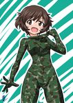  :d akiyama_yukari alternate_costume aozame_takao bangs black_eyes black_hair blush bodysuit breasts camouflage camouflage_bodysuit collar_tug covered_navel cowboy_shot girls_und_panzer gloves green_bodysuit hood hood_down legs_apart open_mouth outline short_hair signature small_breasts smile solo standing v-shaped_eyebrows zentai 