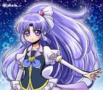  arm_warmers blue_background bow brooch cokata cowboy_shot cure_fortune frills hair_ornament hair_ribbon happinesscharge_precure! heart heart_hair_ornament hikawa_iona jewelry long_hair magical_girl precure purple_bow purple_eyes purple_hair purple_skirt ribbon serious skirt solo star starry_background twitter_username wide_ponytail 