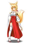  animal_ears blonde_hair blush breasts covered_nipples fox_ears fox_tail full_body green_eyes hand_on_hip highres himeka_chiyako japanese_clothes large_breasts large_ears leotard long_hair looking_at_viewer miko minaha_(playjoe2005) original ribbon-trimmed_legwear ribbon_trim sandals sideboob simple_background smile solo tail thighhighs tsurime white_background white_legwear 