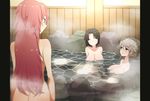 ass bad_id bad_pixiv_id bathing breast_envy breasts brown_hair closed_eyes flying_sweatdrops grey_hair highres jun'you_(kantai_collection) kantai_collection large_breasts long_hair multiple_girls nude onsen pillarboxed red_hair rock short_hair shouhou_(kantai_collection) steam suihei_sen unryuu_(kantai_collection) wading water 