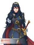  1girl belt blue_eyes blue_hair cape fingerless_gloves fire_emblem fire_emblem:_kakusei gloves jummy looking_at_viewer lucina nintendo patreon solo strap sword tiara 