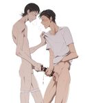  2boys backlighting bar_censor breath censored clothed_male_nude_male cum frottage ishigaki_koutarou male_focus masturbation midousuji_akira multiple_boys nishisaki nude penis penises_touching shirt_lift simple_background sweat tape white_background yaoi yowamushi_pedal 