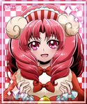  :d akagi_towa blush bow checkered checkered_background cokata curly_hair go!_princess_precure goat_horns hairband long_hair open_mouth precure red_bow red_eyes red_hair smile solo twitter_username upper_body 