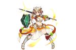  armor armored_dress blonde_hair breasts cleavage fighting_stance flower_knight_girl full_body holding holding_weapon kinrenka_(flower_knight_girl) kuro_chairo_no_neko large_breasts looking_at_viewer midriff official_art orange_skirt red_eyes shield skirt solo sword toggles transparent_background twintails waist_cape weapon 