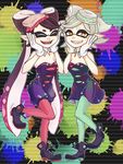  2girls aori_(splatoon) black_hair brown_eyes closed_eyes commentary detached_collar domino_mask dress earrings fangs food food_on_head gloves green_legwear grey_hair grin hands_on_own_face hotaru_(splatoon) jewelry leg_up long_hair looking_at_viewer mask minori_(minori_green) mole mole_under_eye multiple_girls object_on_head open_mouth paint_splatter pantyhose pointy_ears red_legwear shoes short_hair short_jumpsuit smile splatoon_(series) splatoon_1 standing strapless strapless_dress tentacle_hair white_gloves 