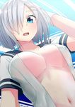  32._(32_sats) artist_name blue_eyes breasts dated gloves hair_ornament hair_over_one_eye hairclip hamakaze_(kantai_collection) kantai_collection looking_at_viewer medium_breasts navel no_bra open_clothes open_mouth short_hair silver_hair solo white_gloves 