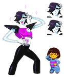  1boy androgynous android black_hair brown_hair dial expressions eyes_closed frisk_(undertale) hair_over_one_eye heart height_difference mettaton mettaton-ex pixel_art pose sanpaku see-through shirt shorts smile sparkle spoilers striped_shirt tachi-e tongue tongue_out transparent_background undertale vanillycake yellow_skin 