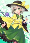  :d blouse blush bow commentary_request green_eyes hat hat_bow hat_ribbon komeiji_koishi looking_at_viewer nekosugi_(hoshi) open_mouth ribbon short_hair silver_hair skirt smile solo spinning third_eye touhou wide_sleeves 