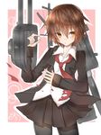  black_legwear blazer brown_eyes brown_hair cannon collared_shirt highres jacket kantai_collection long_sleeves looking_to_the_side necktie nora_(salatto) pantyhose pleated_skirt red_neckwear school_uniform shirt short_hair signature skirt solo turret wakaba_(kantai_collection) 