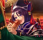  artist_name censored fellatio hat licking oral original ox_(baallore) penis pubic_hair purple_eyes purple_hair slit_pupils solo_focus 