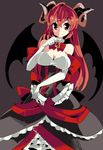  aioi_aoi alternate_costume bat_wings breasts cleavage dress frills horns koakuma large_breasts long_hair red_eyes red_hair smile solo touhou wings 