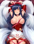  1girl ahri areolae bdsm blue_hair blush bondage bound bound_wrists breasts female large_breasts league_of_legends long_hair nipples open_mouth solo spichis tied_wrists yellow_eyes 